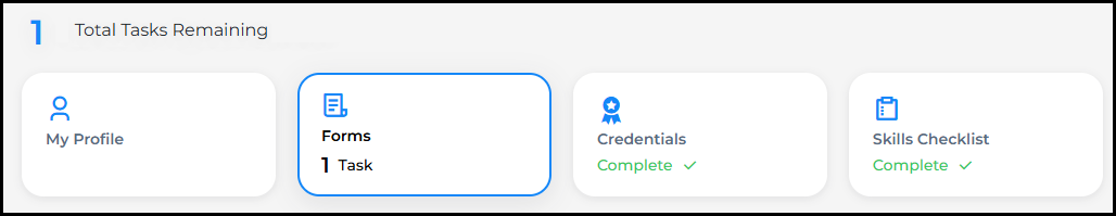Task tiles for My Profile, Forms, Credentials, and Skills Checklist, showing total remaining tasks with the Forms tile selected and highlighted